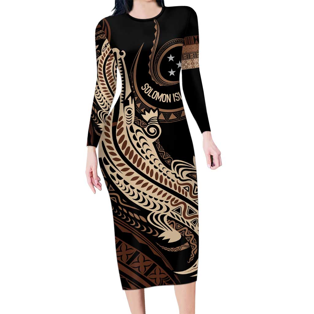 Personalized Solomon Islands Crocodile Family Matching Long Sleeve Bodycon Dress and Hawaiian Shirt Hapi Isles - Independence Anniversary LT7 Mom's Dress Brown - Polynesian Pride