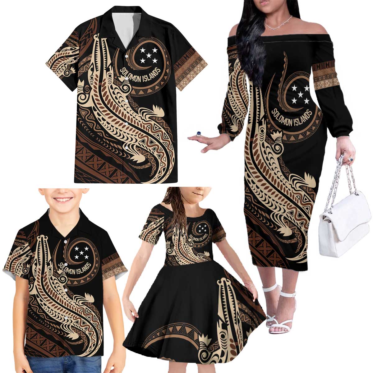 Personalized Solomon Islands Crocodile Family Matching Off The Shoulder Long Sleeve Dress and Hawaiian Shirt Hapi Isles - Independence Anniversary LT7 - Polynesian Pride