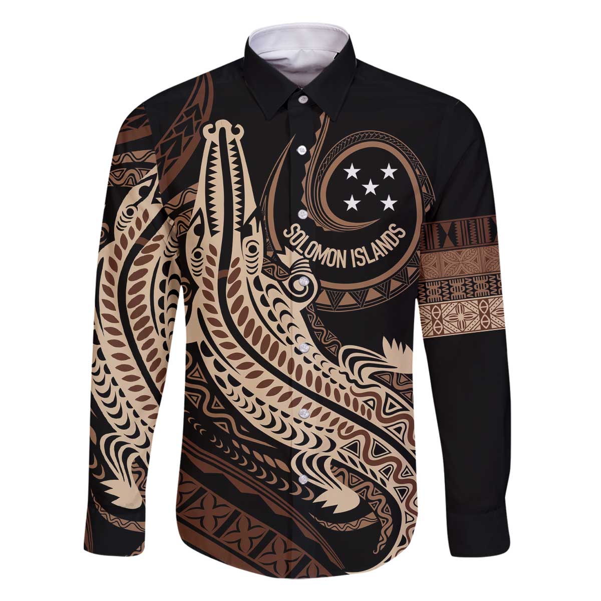 Personalized Solomon Islands Crocodile Family Matching Off The Shoulder Long Sleeve Dress and Hawaiian Shirt Hapi Isles - Independence Anniversary LT7 Dad's Shirt - Long Sleeve Brown - Polynesian Pride