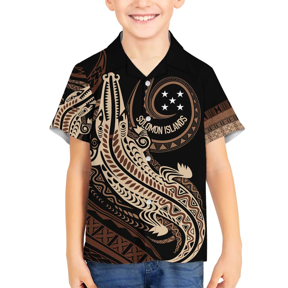Personalized Solomon Islands Crocodile Family Matching Off The Shoulder Long Sleeve Dress and Hawaiian Shirt Hapi Isles - Independence Anniversary LT7 Son's Shirt Brown - Polynesian Pride