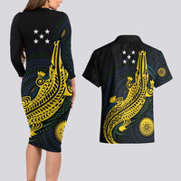 Personalized Solomon Islands Independence Anniversary Couples Matching Long Sleeve Bodycon Dress and Hawaiian Shirt Crocodile Mix Tapa LT7 - Polynesian Pride