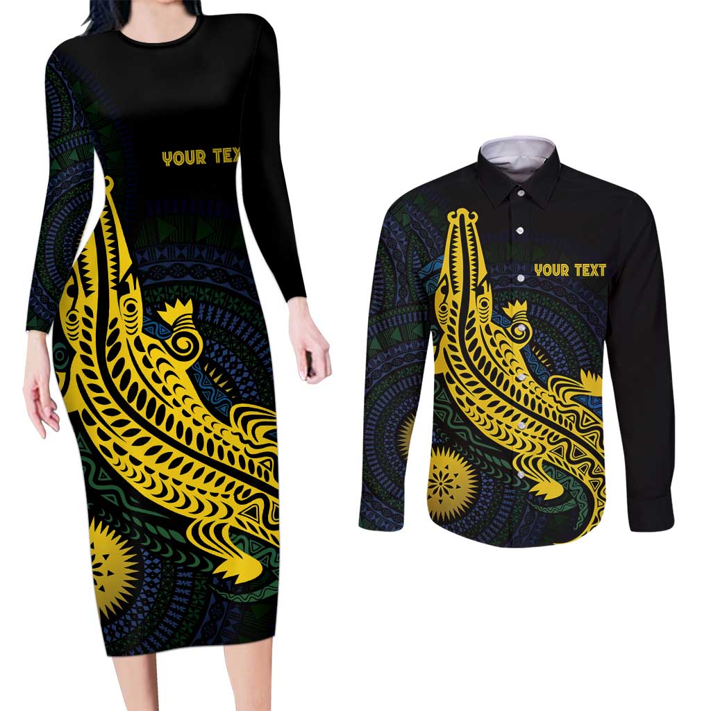 Personalized Solomon Islands Independence Anniversary Couples Matching Long Sleeve Bodycon Dress and Long Sleeve Button Shirt Crocodile Mix Tapa LT7 Colorful - Polynesian Pride