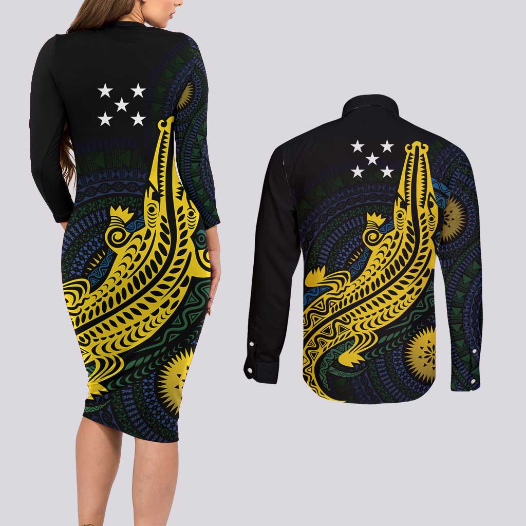 Personalized Solomon Islands Independence Anniversary Couples Matching Long Sleeve Bodycon Dress and Long Sleeve Button Shirt Crocodile Mix Tapa LT7 - Polynesian Pride
