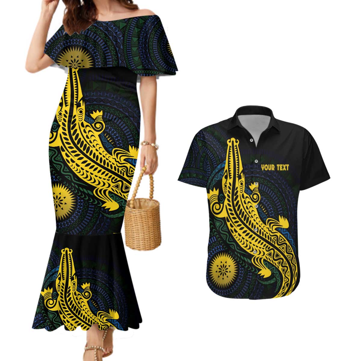 Personalized Solomon Islands Independence Anniversary Couples Matching Mermaid Dress and Hawaiian Shirt Crocodile Mix Tapa LT7 Colorful - Polynesian Pride