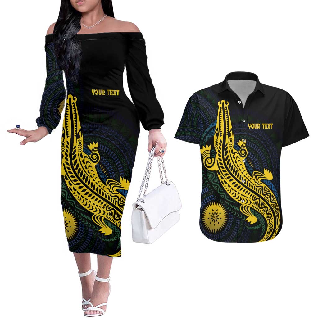 Personalized Solomon Islands Independence Anniversary Couples Matching Off The Shoulder Long Sleeve Dress and Hawaiian Shirt Crocodile Mix Tapa LT7 Colorful - Polynesian Pride