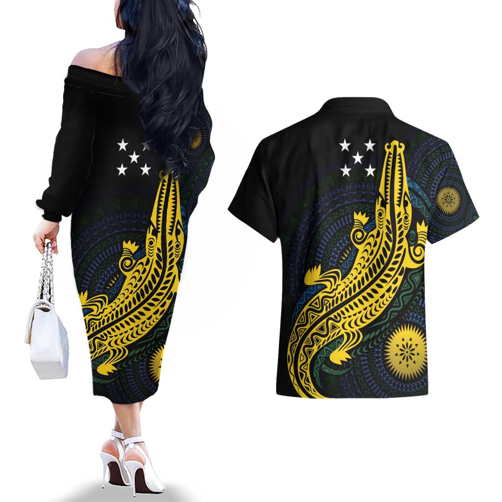 Personalized Solomon Islands Independence Anniversary Couples Matching Off The Shoulder Long Sleeve Dress and Hawaiian Shirt Crocodile Mix Tapa LT7 - Polynesian Pride