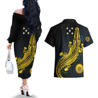 Personalized Solomon Islands Independence Anniversary Couples Matching Off The Shoulder Long Sleeve Dress and Hawaiian Shirt Crocodile Mix Tapa LT7 - Polynesian Pride