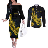 Personalized Solomon Islands Independence Anniversary Couples Matching Off The Shoulder Long Sleeve Dress and Long Sleeve Button Shirt Crocodile Mix Tapa LT7 Colorful - Polynesian Pride