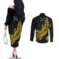 Personalized Solomon Islands Independence Anniversary Couples Matching Off The Shoulder Long Sleeve Dress and Long Sleeve Button Shirt Crocodile Mix Tapa LT7 - Polynesian Pride