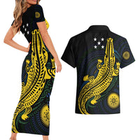 Personalized Solomon Islands Independence Anniversary Couples Matching Short Sleeve Bodycon Dress and Hawaiian Shirt Crocodile Mix Tapa LT7 - Polynesian Pride