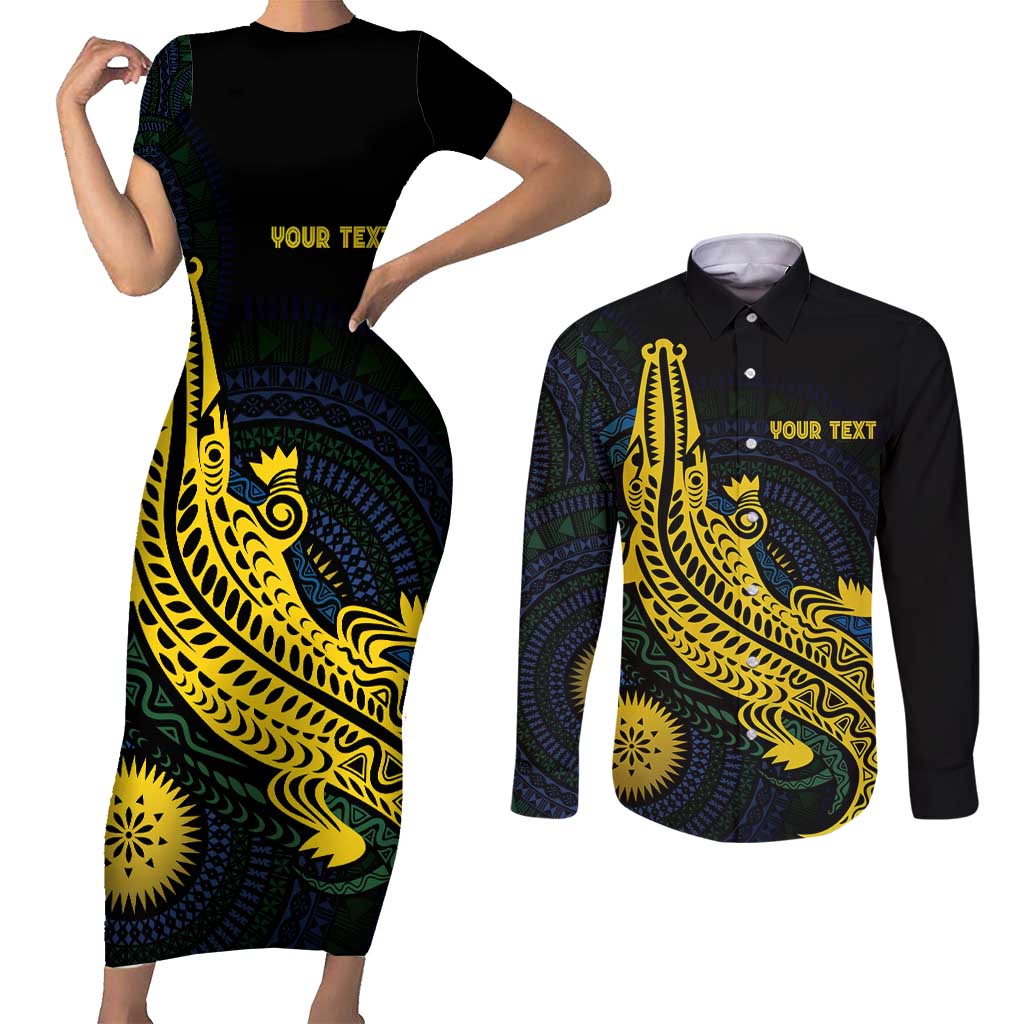 Personalized Solomon Islands Independence Anniversary Couples Matching Short Sleeve Bodycon Dress and Long Sleeve Button Shirt Crocodile Mix Tapa LT7 Colorful - Polynesian Pride
