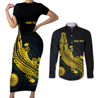 Personalized Solomon Islands Independence Anniversary Couples Matching Short Sleeve Bodycon Dress and Long Sleeve Button Shirt Crocodile Mix Tapa LT7 Colorful - Polynesian Pride