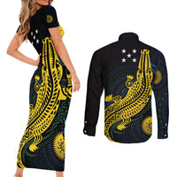 Personalized Solomon Islands Independence Anniversary Couples Matching Short Sleeve Bodycon Dress and Long Sleeve Button Shirt Crocodile Mix Tapa LT7 - Polynesian Pride