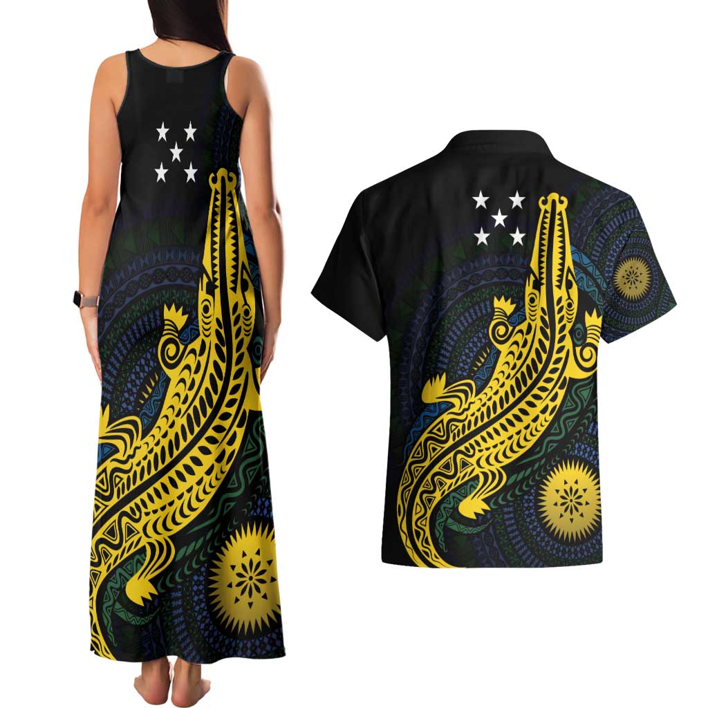 Personalized Solomon Islands Independence Anniversary Couples Matching Tank Maxi Dress and Hawaiian Shirt Crocodile Mix Tapa LT7 - Polynesian Pride