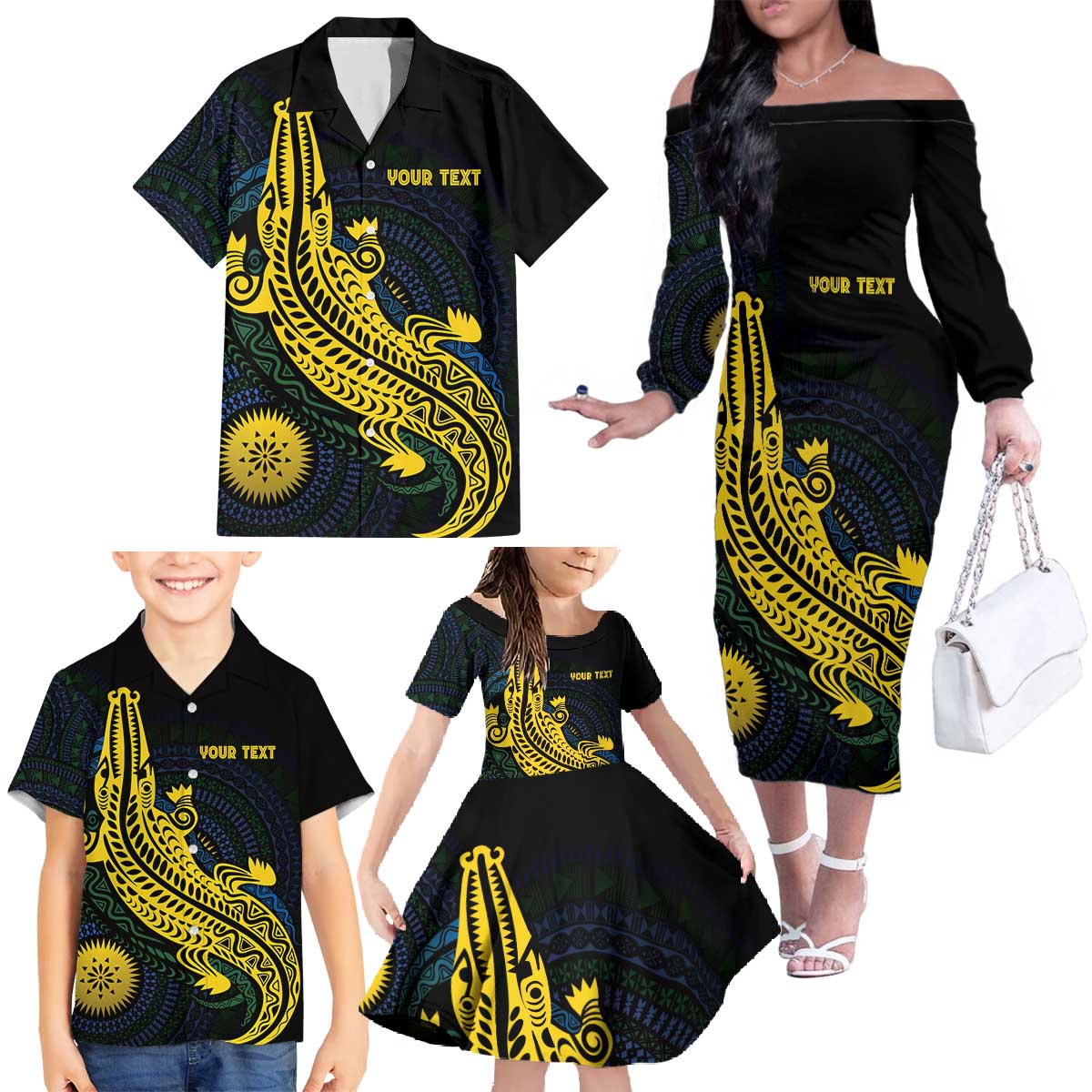 Personalized Solomon Islands Independence Anniversary Family Matching Off The Shoulder Long Sleeve Dress and Hawaiian Shirt Crocodile Mix Tapa LT7 - Polynesian Pride