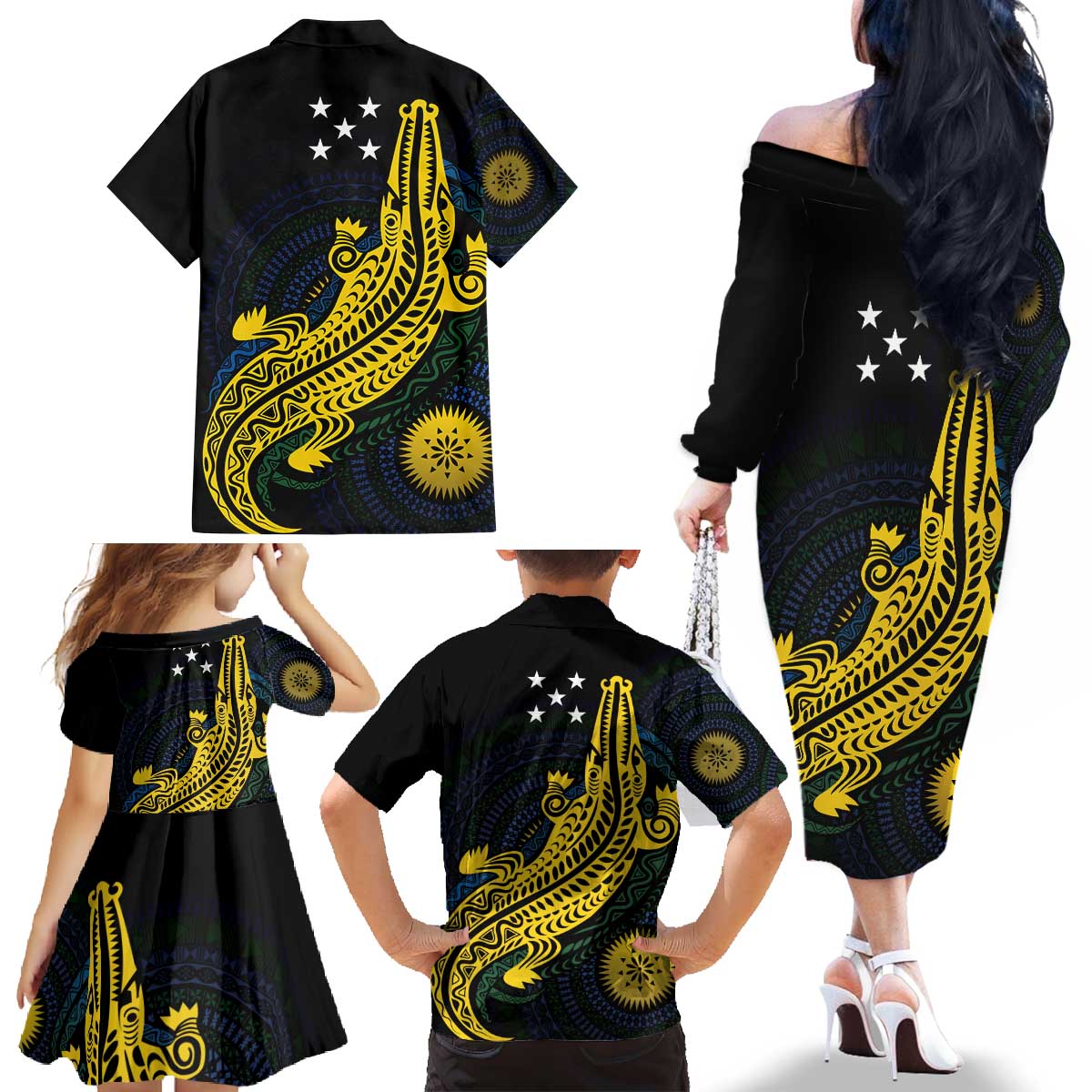 Personalized Solomon Islands Independence Anniversary Family Matching Off The Shoulder Long Sleeve Dress and Hawaiian Shirt Crocodile Mix Tapa LT7 - Polynesian Pride