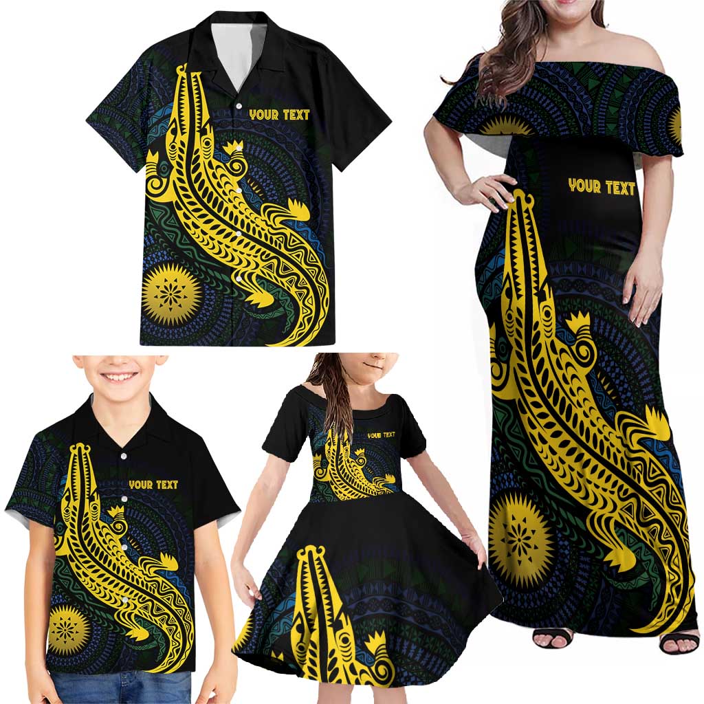 Personalized Solomon Islands Independence Anniversary Family Matching Off Shoulder Maxi Dress and Hawaiian Shirt Crocodile Mix Tapa LT7 - Polynesian Pride
