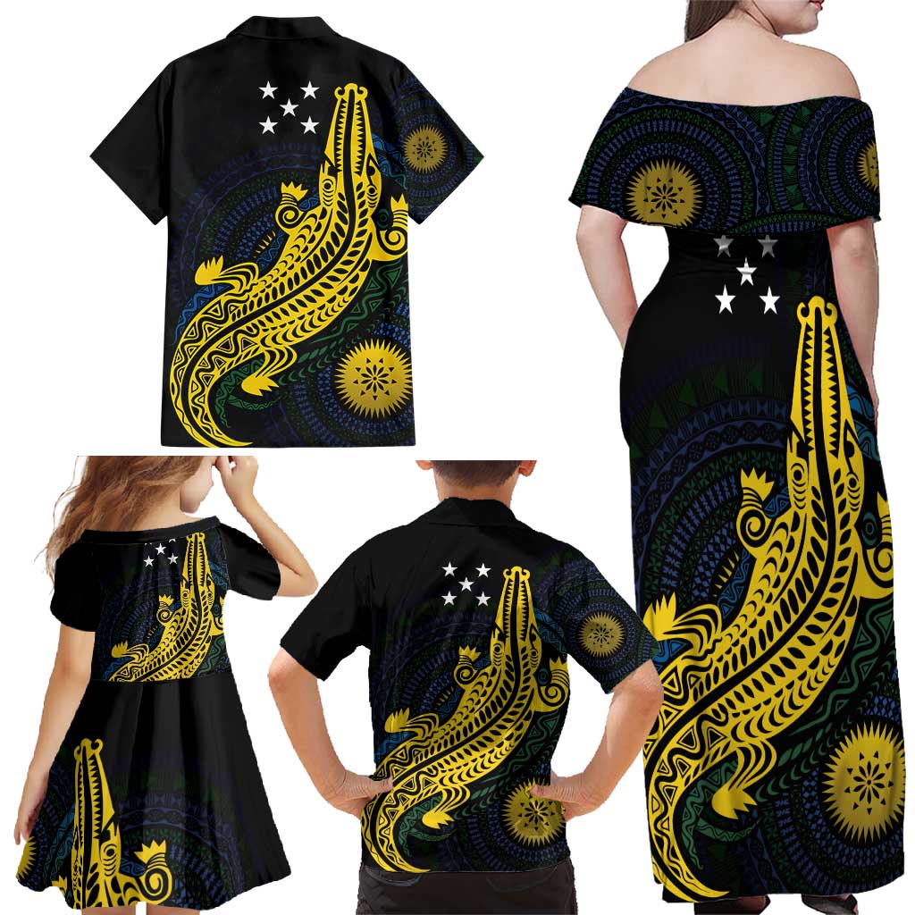 Personalized Solomon Islands Independence Anniversary Family Matching Off Shoulder Maxi Dress and Hawaiian Shirt Crocodile Mix Tapa LT7 - Polynesian Pride