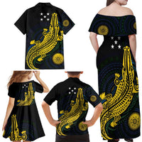 Personalized Solomon Islands Independence Anniversary Family Matching Off Shoulder Maxi Dress and Hawaiian Shirt Crocodile Mix Tapa LT7 - Polynesian Pride