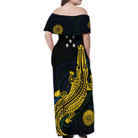 Personalized Solomon Islands Independence Anniversary Family Matching Off Shoulder Maxi Dress and Hawaiian Shirt Crocodile Mix Tapa LT7 - Polynesian Pride
