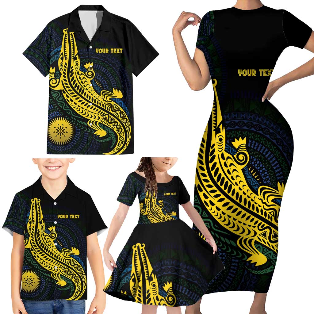 Personalized Solomon Islands Independence Anniversary Family Matching Short Sleeve Bodycon Dress and Hawaiian Shirt Crocodile Mix Tapa LT7 - Polynesian Pride