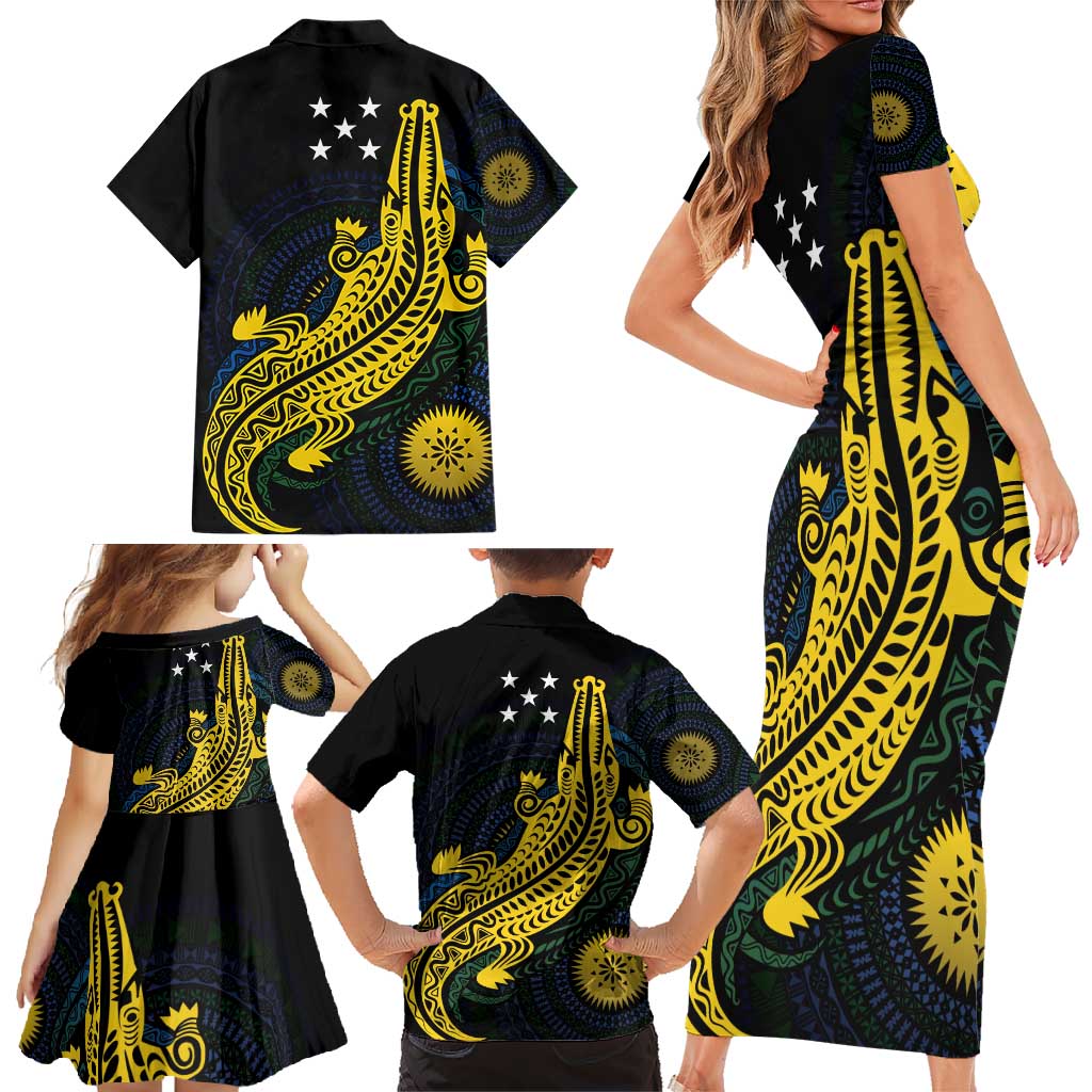 Personalized Solomon Islands Independence Anniversary Family Matching Short Sleeve Bodycon Dress and Hawaiian Shirt Crocodile Mix Tapa LT7 - Polynesian Pride
