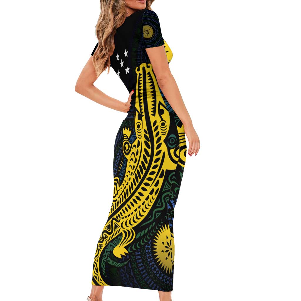 Personalized Solomon Islands Independence Anniversary Family Matching Short Sleeve Bodycon Dress and Hawaiian Shirt Crocodile Mix Tapa LT7 - Polynesian Pride