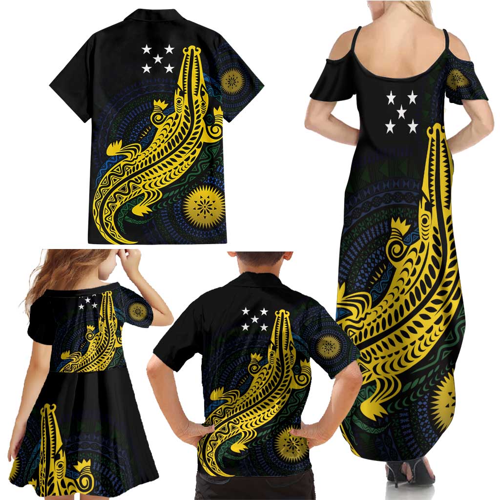 Personalized Solomon Islands Independence Anniversary Family Matching Summer Maxi Dress and Hawaiian Shirt Crocodile Mix Tapa LT7 - Polynesian Pride