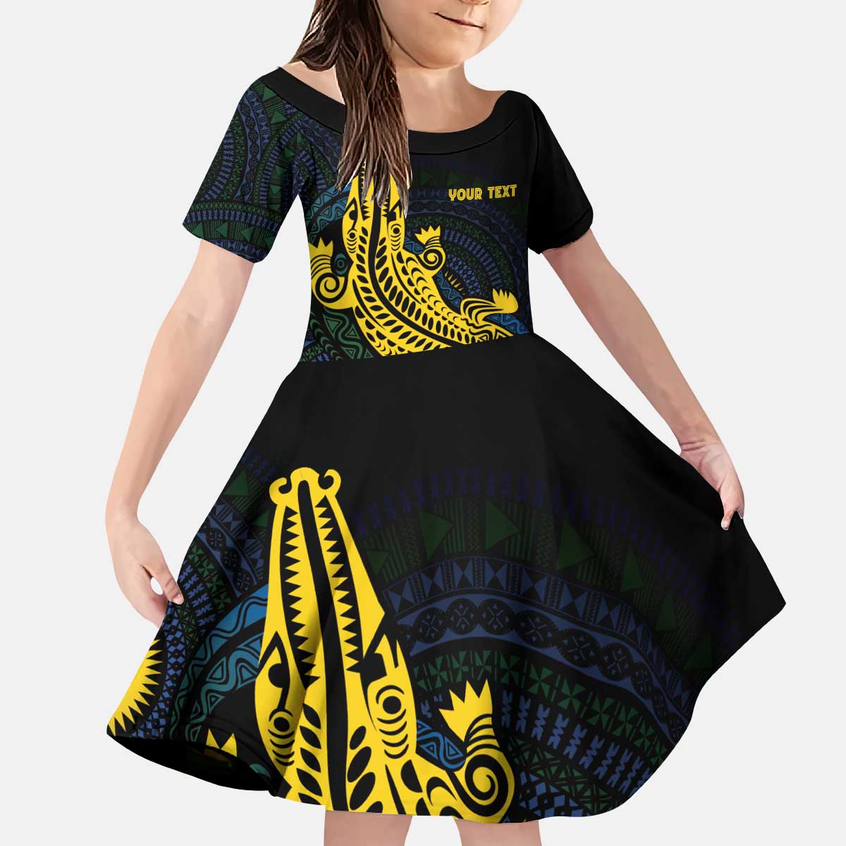Personalized Solomon Islands Independence Anniversary Kid Short Sleeve Dress Crocodile Mix Tapa
