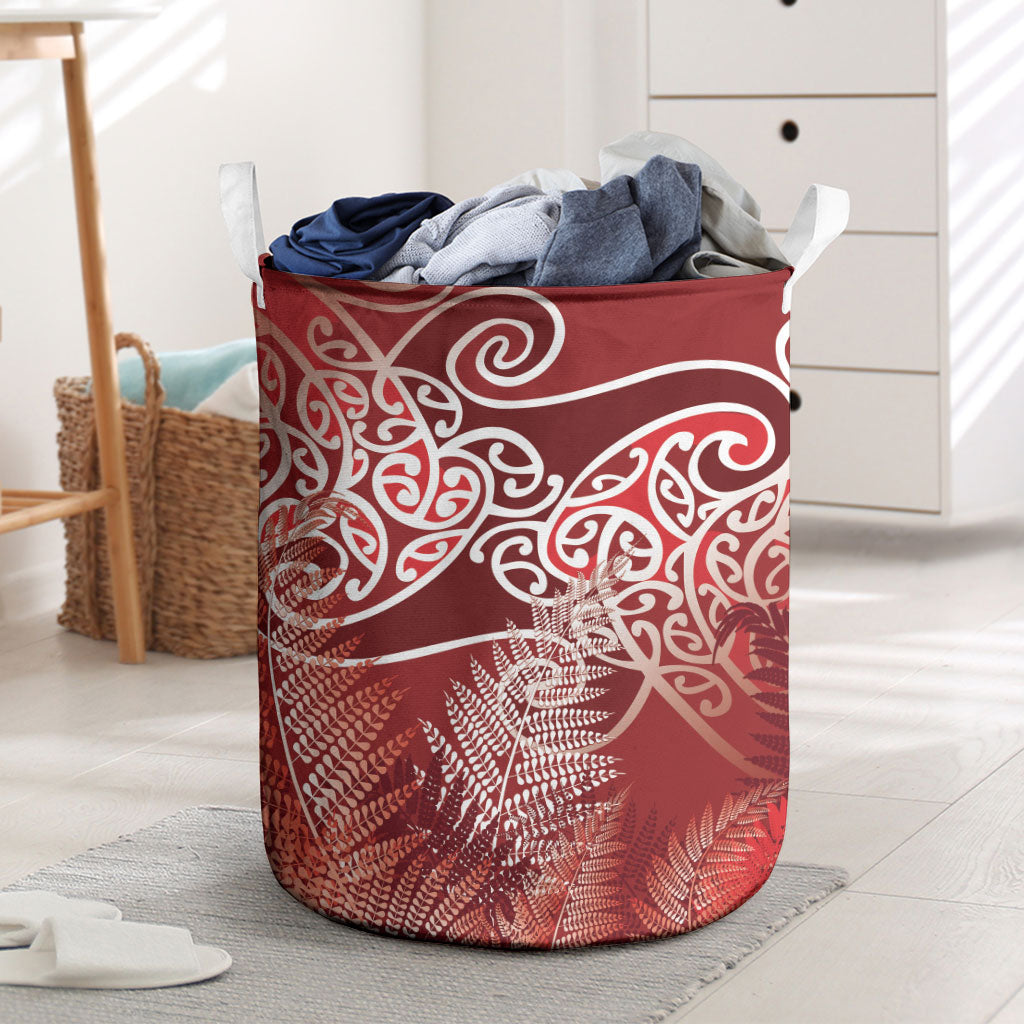 Aotearoa Maori Koru Curves Laundry Basket Silver Ferns - Crimson Red