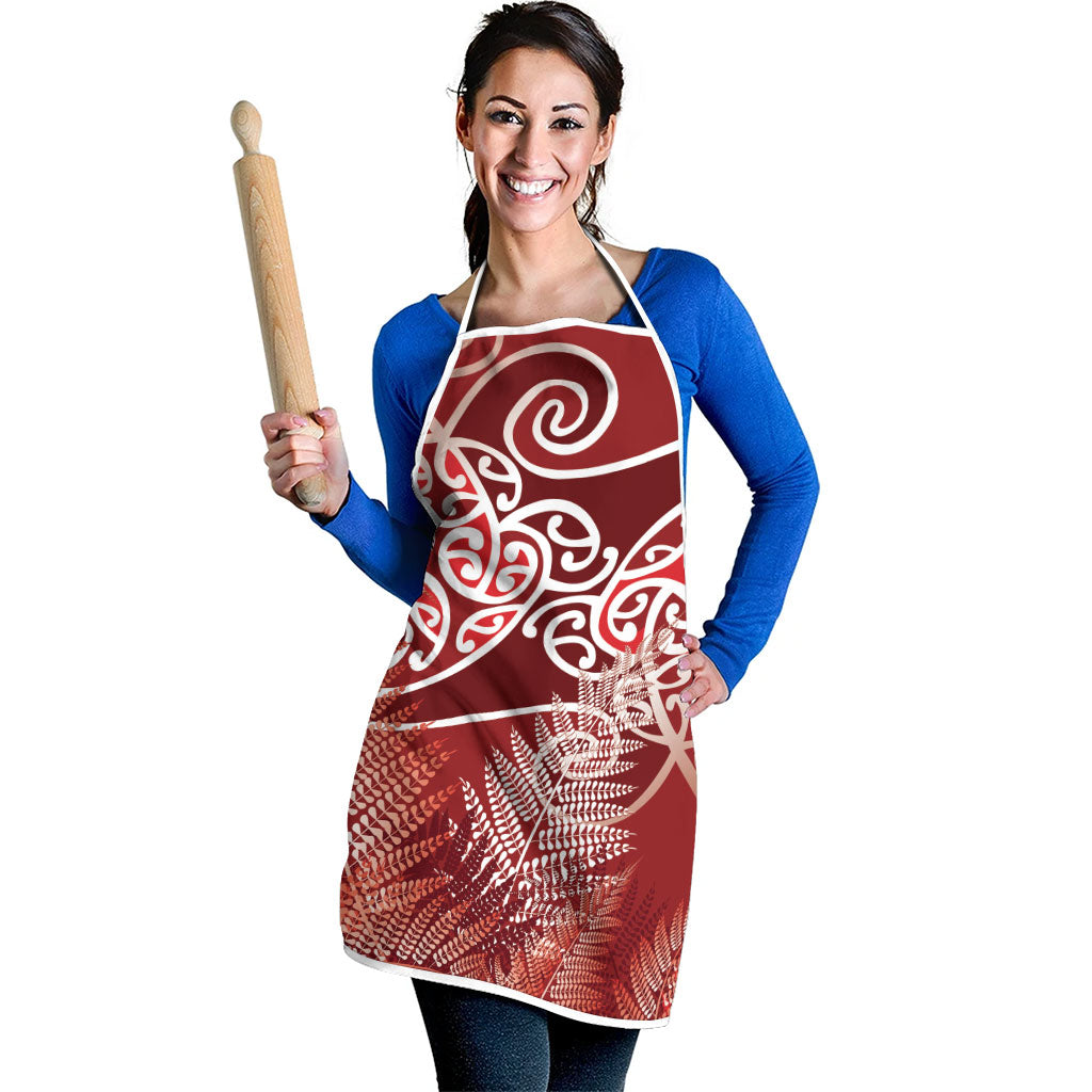 Aotearoa Maori Koru Curves Apron Silver Ferns - Crimson Red