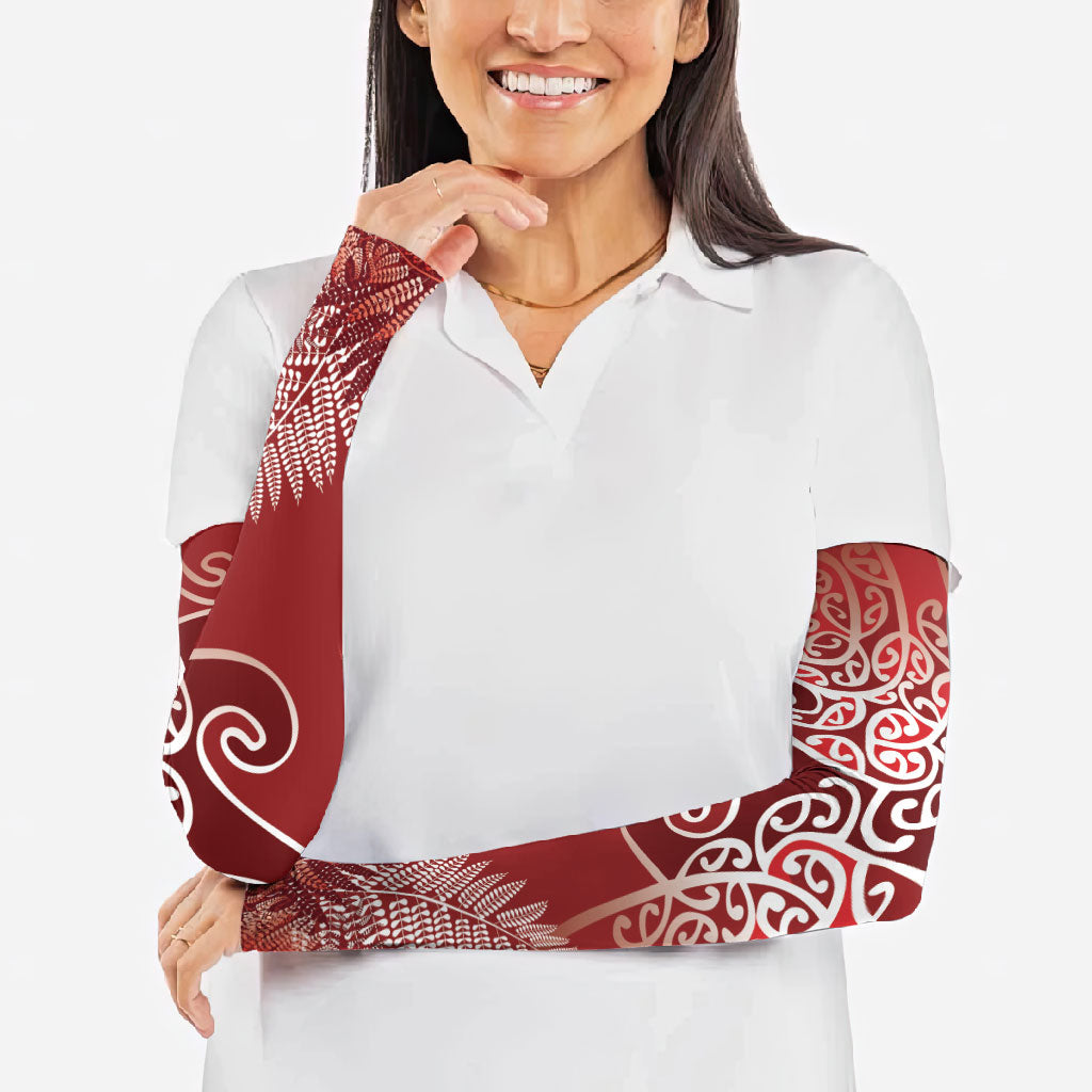 Aotearoa Maori Koru Curves Arm Sleeves Silver Ferns - Crimson Red