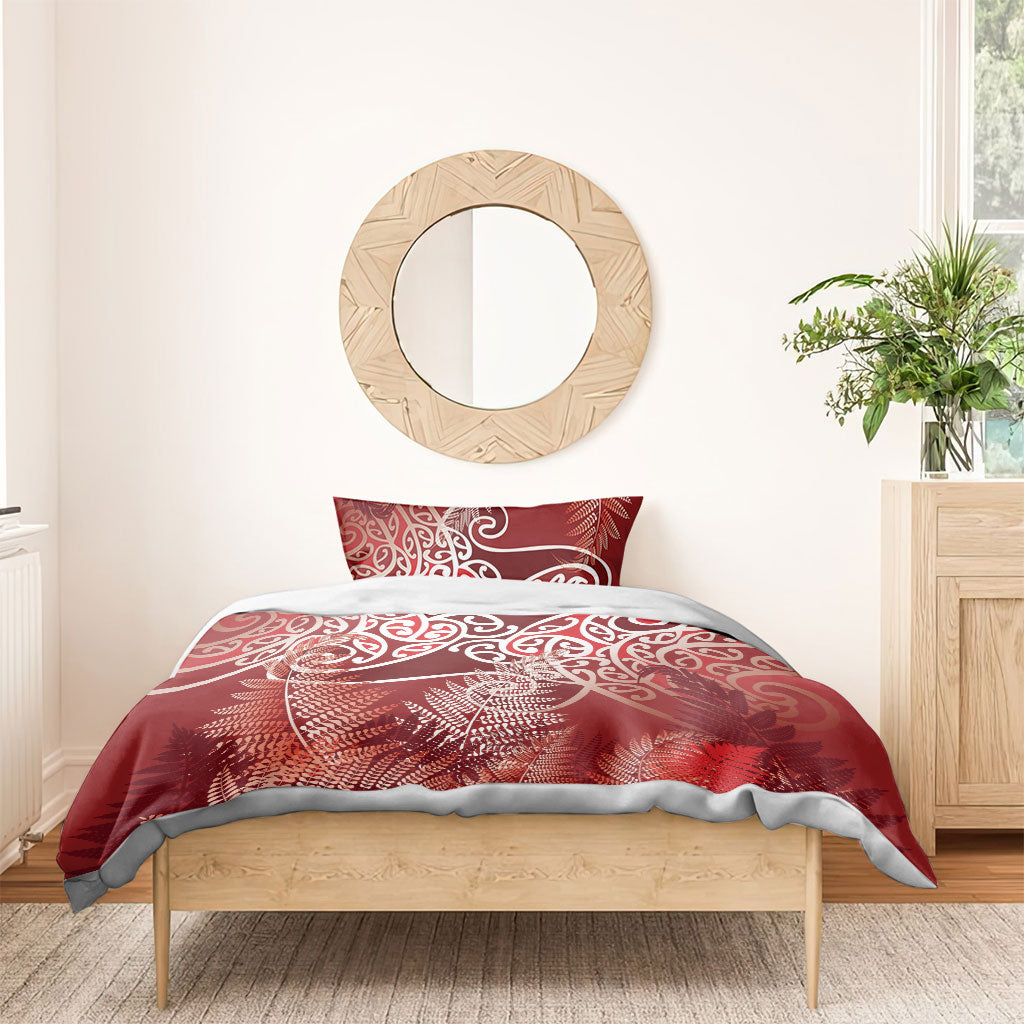 Aotearoa Maori Koru Curves Bedding Set Silver Ferns - Crimson Red