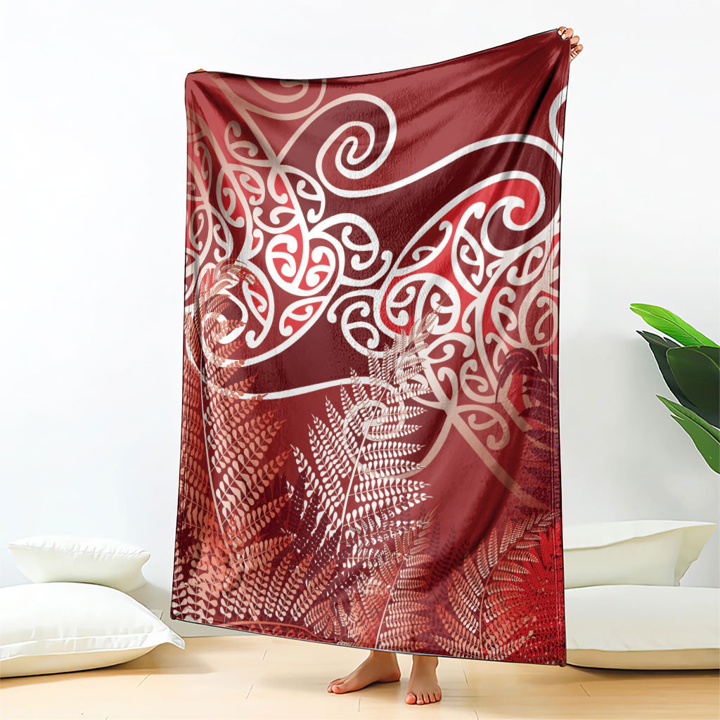 Aotearoa Maori Koru Curves Blanket Silver Ferns - Crimson Red