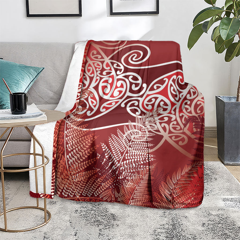 Aotearoa Maori Koru Curves Blanket Silver Ferns - Crimson Red