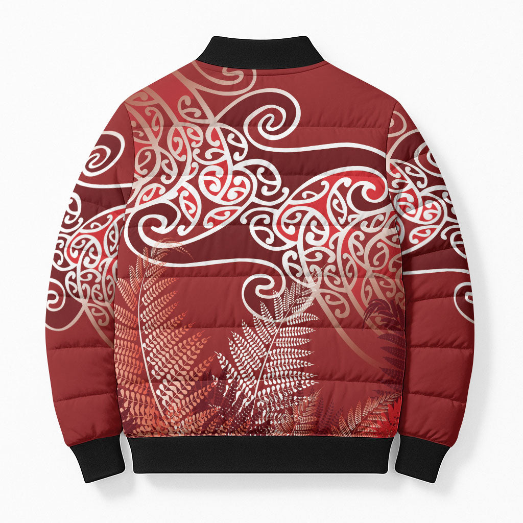Aotearoa Maori Koru Curves Bomber Puffer Jacket Silver Ferns - Crimson Red
