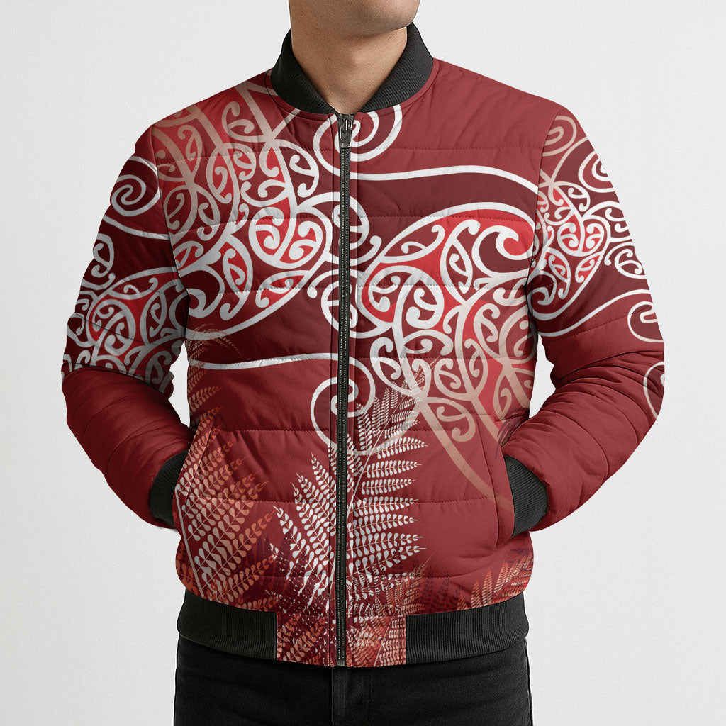 Aotearoa Maori Koru Curves Bomber Puffer Jacket Silver Ferns - Crimson Red