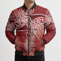 Aotearoa Maori Koru Curves Bomber Puffer Jacket Silver Ferns - Crimson Red
