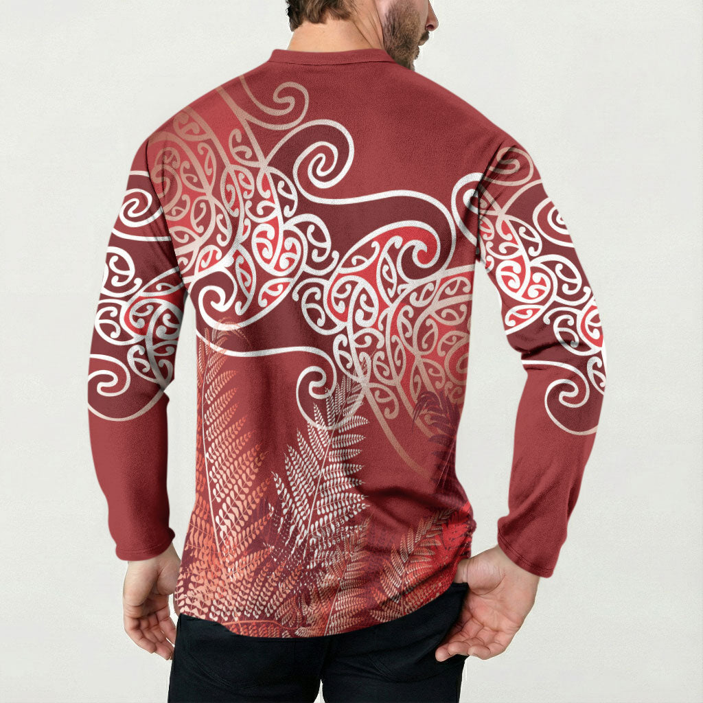 Aotearoa Maori Koru Curves Button Sweatshirt Silver Ferns - Crimson Red