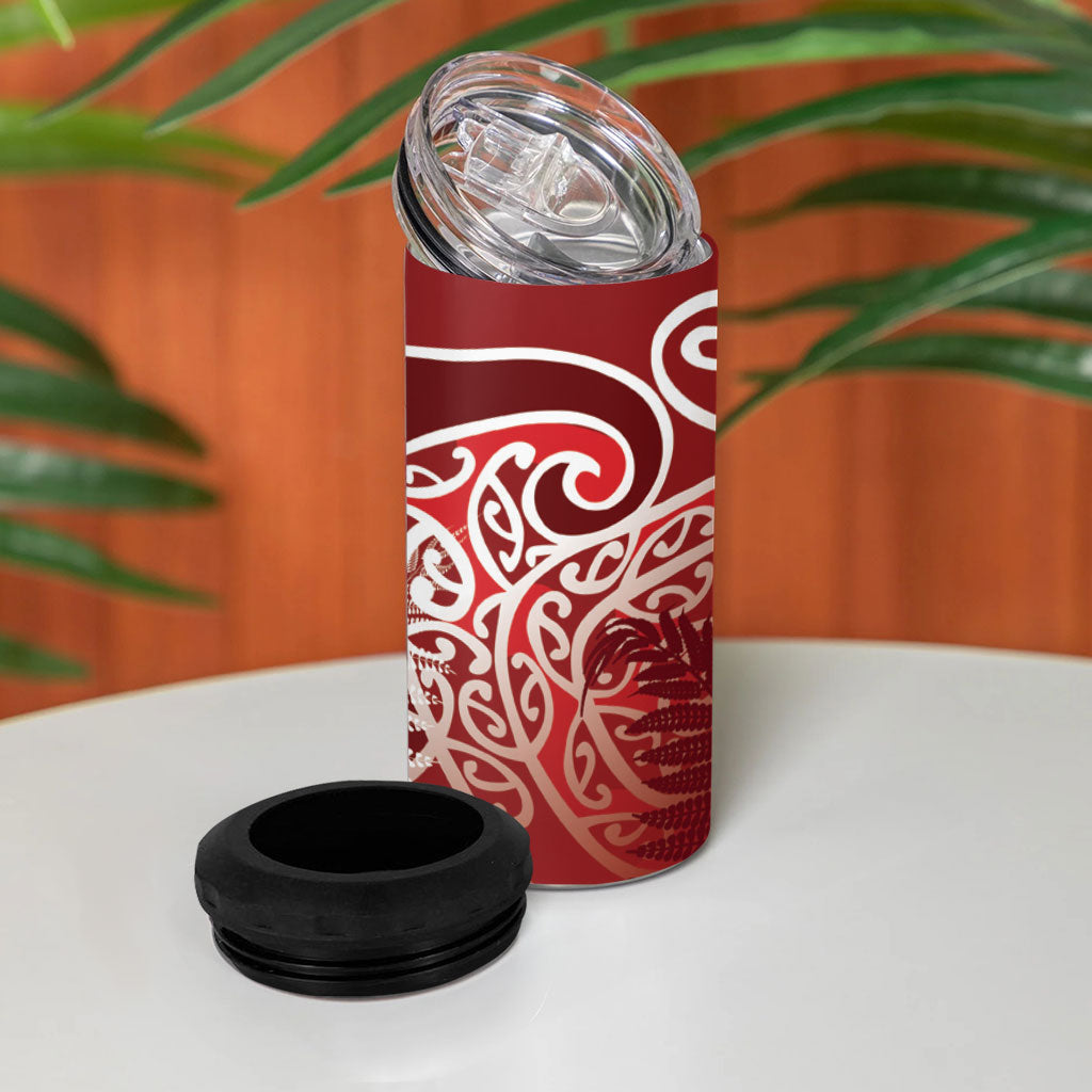 Aotearoa Maori Koru Curves 4 in 1 Can Cooler Tumbler Silver Ferns - Crimson Red
