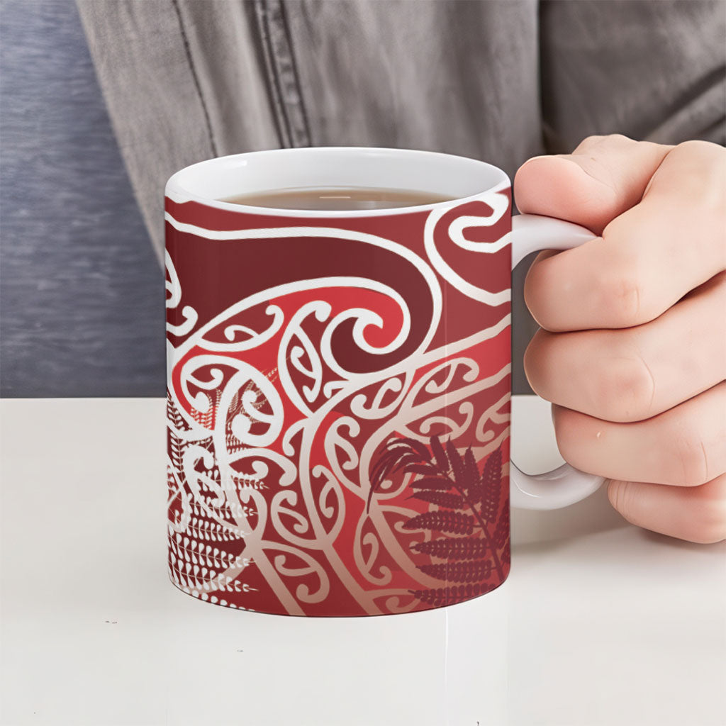 Aotearoa Maori Koru Curves Ceramic Mug Silver Ferns - Crimson Red