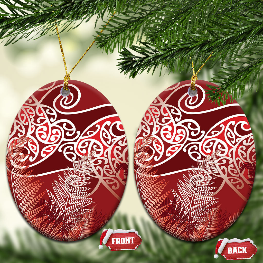 Aotearoa Maori Koru Curves Ceramic Ornament Silver Ferns - Crimson Red LT7 Oval Red - Polynesian Pride
