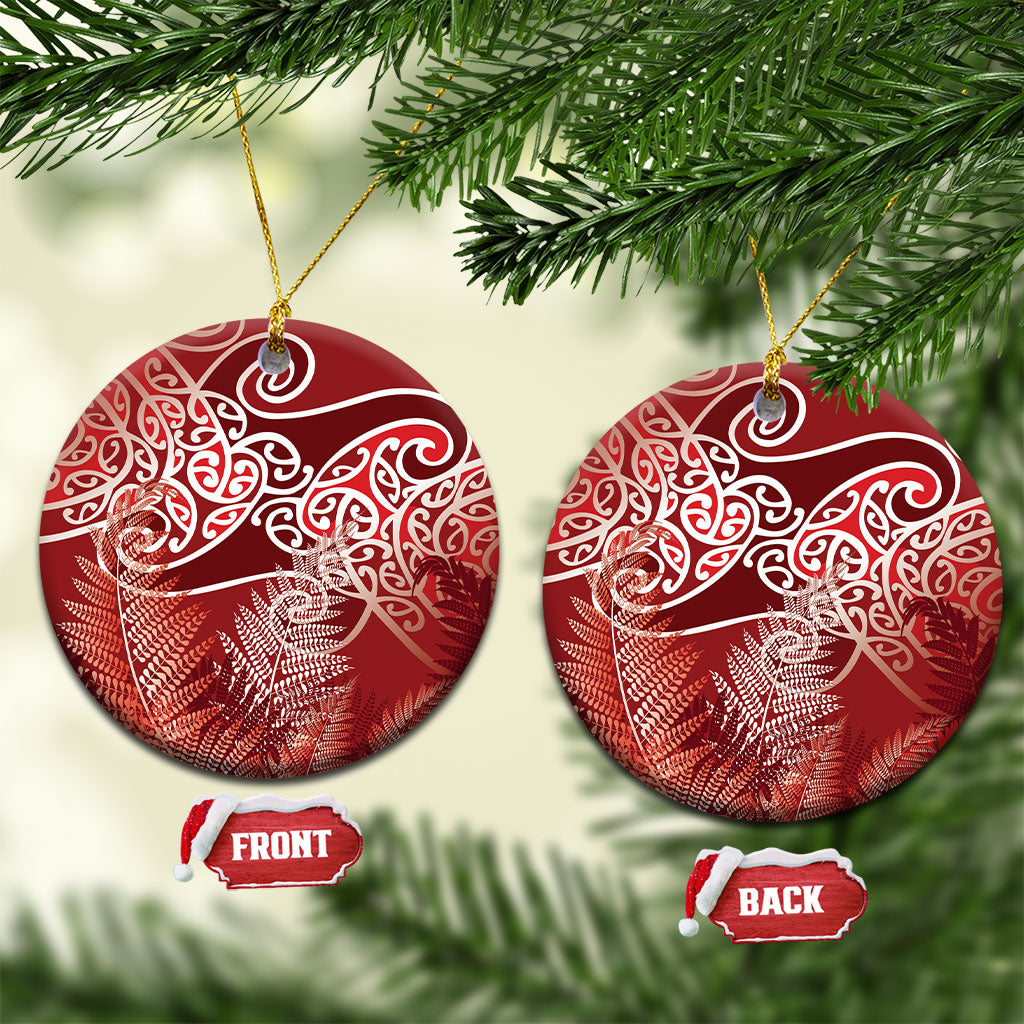 Aotearoa Maori Koru Curves Ceramic Ornament Silver Ferns - Crimson Red LT7 Circle Red - Polynesian Pride