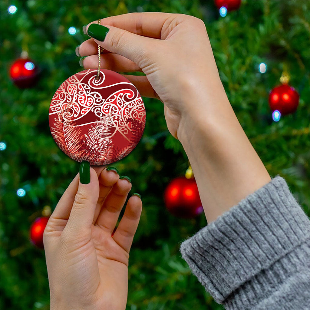 Aotearoa Maori Koru Curves Ceramic Ornament Silver Ferns - Crimson Red LT7 - Polynesian Pride