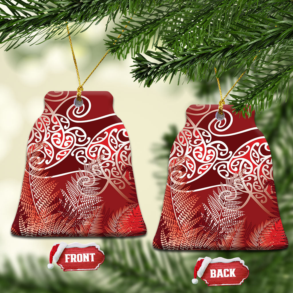 Aotearoa Maori Koru Curves Ceramic Ornament Silver Ferns - Crimson Red LT7 Bell Flake Red - Polynesian Pride