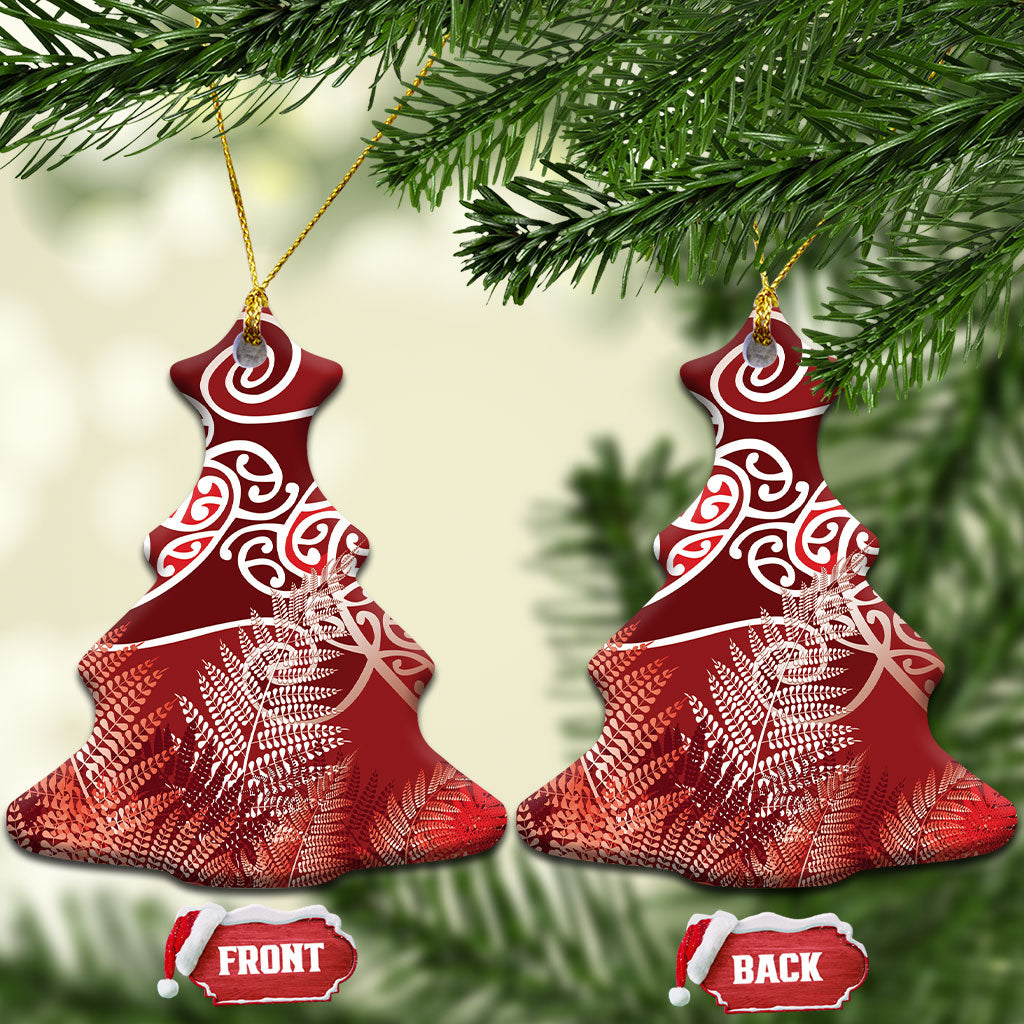 Aotearoa Maori Koru Curves Ceramic Ornament Silver Ferns - Crimson Red LT7 Christmas Tree Red - Polynesian Pride