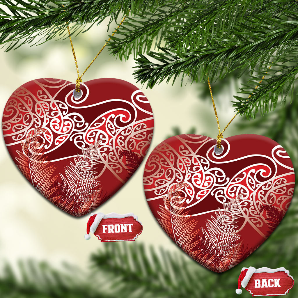 Aotearoa Maori Koru Curves Ceramic Ornament Silver Ferns - Crimson Red LT7 Heart Red - Polynesian Pride