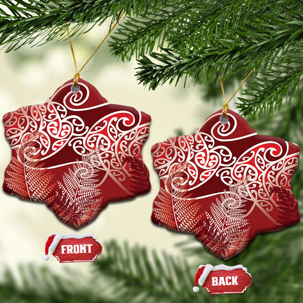Aotearoa Maori Koru Curves Ceramic Ornament Silver Ferns - Crimson Red LT7 Snow Flake Red - Polynesian Pride