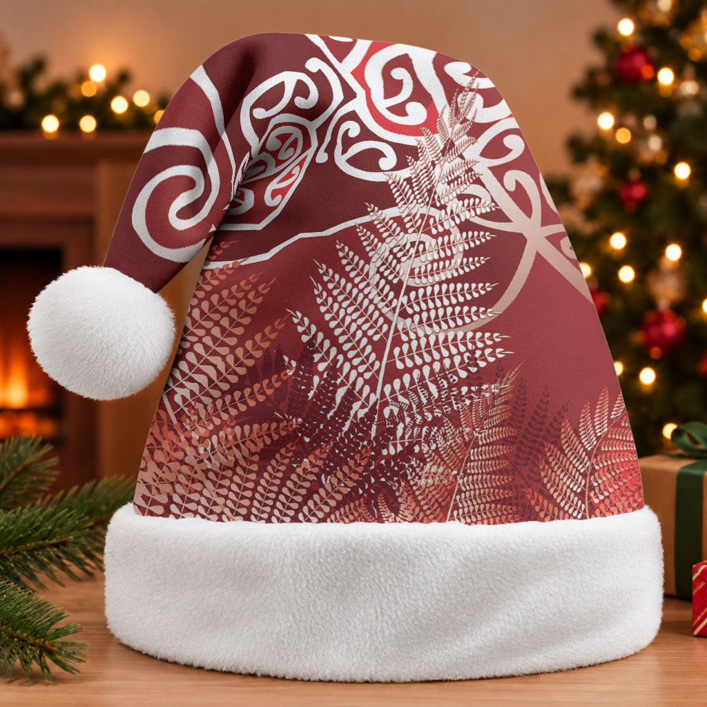 Aotearoa Maori Koru Curves Christmas Santa Hat Silver Ferns - Crimson Red LT7 Without Fur Red - Polynesian Pride