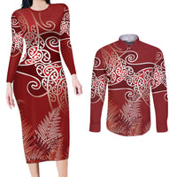 Aotearoa Maori Koru Curves Couples Matching Long Sleeve Bodycon Dress and Long Sleeve Button Shirt Silver Ferns - Crimson Red LT7 Red - Polynesian Pride